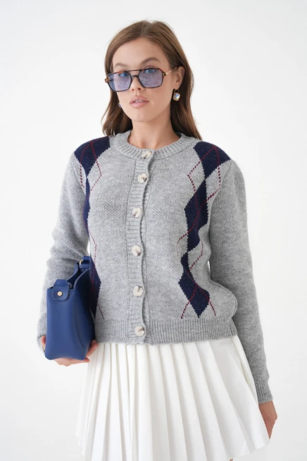 Kadın gri bisiklet yaka düğme detay desenli triko hırka 8605sw