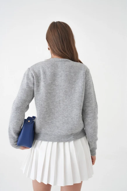 Kadın gri bisiklet yaka düğme detay desenli triko hırka 8605sw