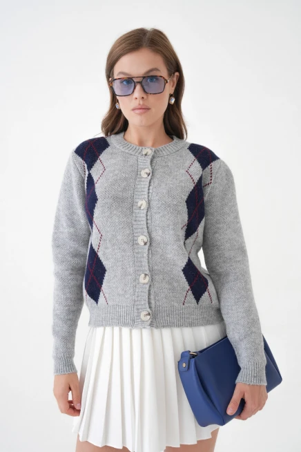 Kadın gri bisiklet yaka düğme detay desenli triko hırka 8605sw