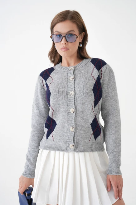 Kadın gri bisiklet yaka düğme detay desenli triko hırka 8605sw