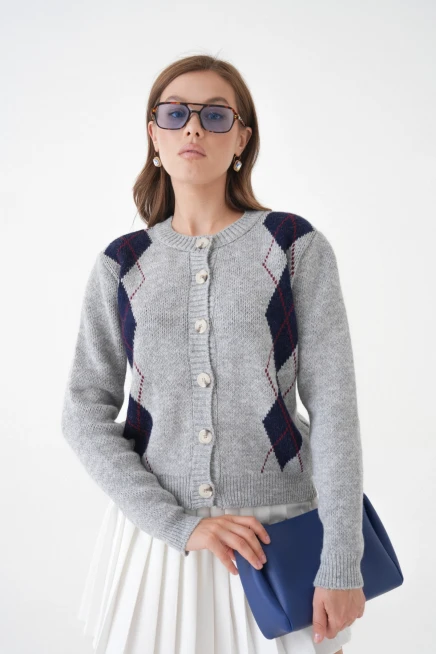 Kadın gri bisiklet yaka düğme detay desenli triko hırka 8605sw