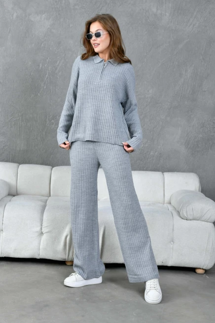 kadın gri polo yaka oversize kazak pantolon triko alt-üst takım 10955