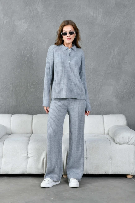 kadın gri polo yaka oversize kazak pantolon triko alt-üst takım 10955