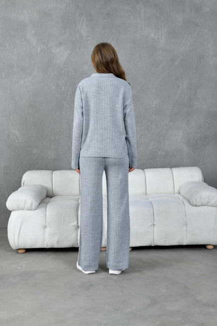 kadın gri polo yaka oversize kazak pantolon triko alt-üst takım 10955