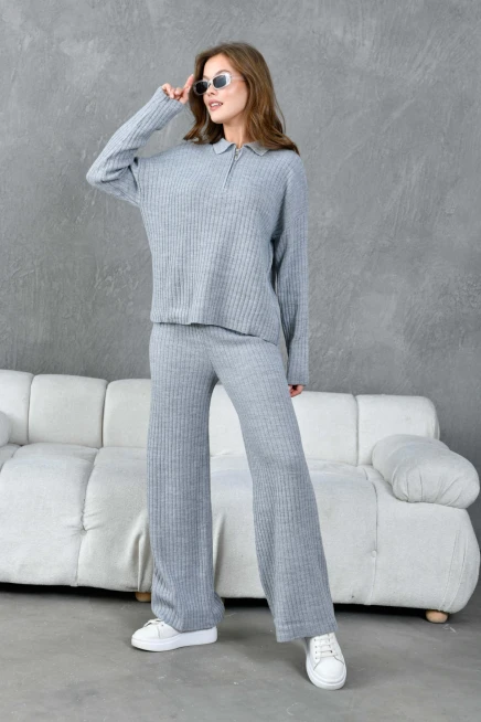 kadın gri polo yaka oversize kazak pantolon triko alt-üst takım 10955