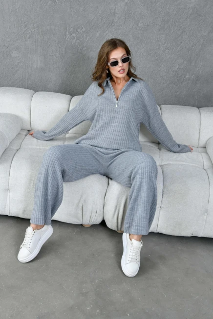 kadın gri polo yaka oversize kazak pantolon triko alt-üst takım 10955