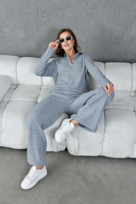 kadın gri polo yaka oversize kazak pantolon triko alt-üst takım 10955