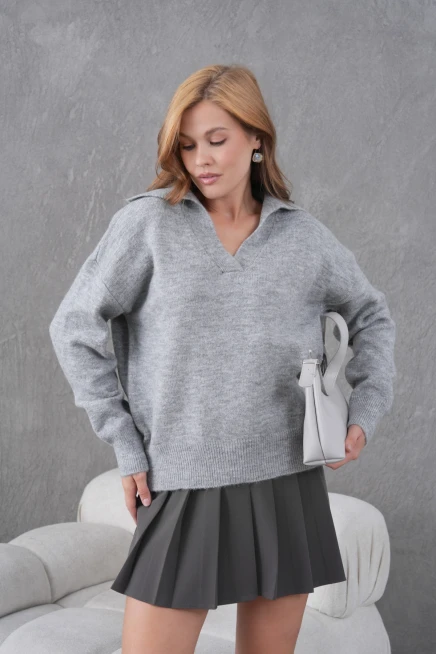 kadın gri polo yaka oversize yarım pat yumuşak dokulu triko kazak 8585sw