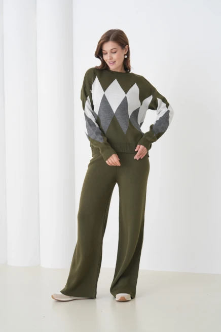 kadın haki bisiklet yaka baklava desenli kazak pantolon triko alt-üst takım 214076