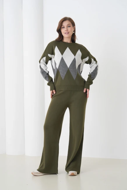 kadın haki bisiklet yaka baklava desenli kazak pantolon triko alt-üst takım 214076