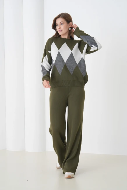 kadın haki bisiklet yaka baklava desenli kazak pantolon triko alt-üst takım 214076