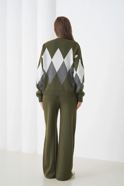 kadın haki bisiklet yaka baklava desenli kazak pantolon triko alt-üst takım 214076