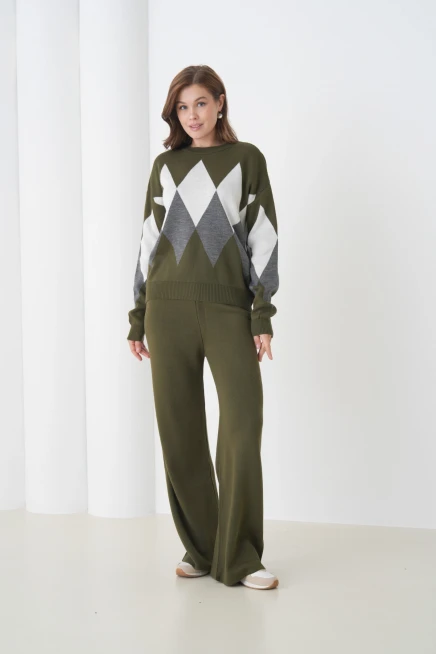 kadın haki bisiklet yaka baklava desenli kazak pantolon triko alt-üst takım 214076