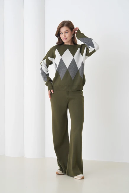 kadın haki bisiklet yaka baklava desenli kazak pantolon triko alt-üst takım 214076