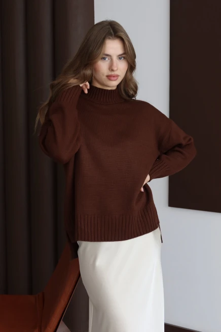 Kadın Kahve Basic Oversize Dik Yaka Triko Kazak