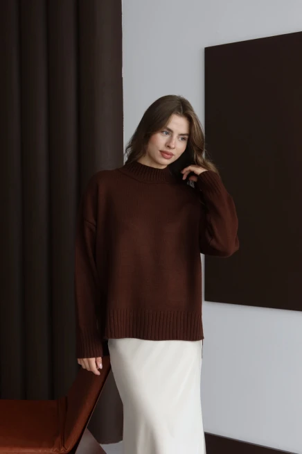 Kadın Kahve Basic Oversize Dik Yaka Triko Kazak