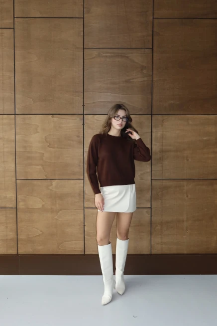 Kadın Kahve Basic Oversize Dik Yaka Triko Kazak