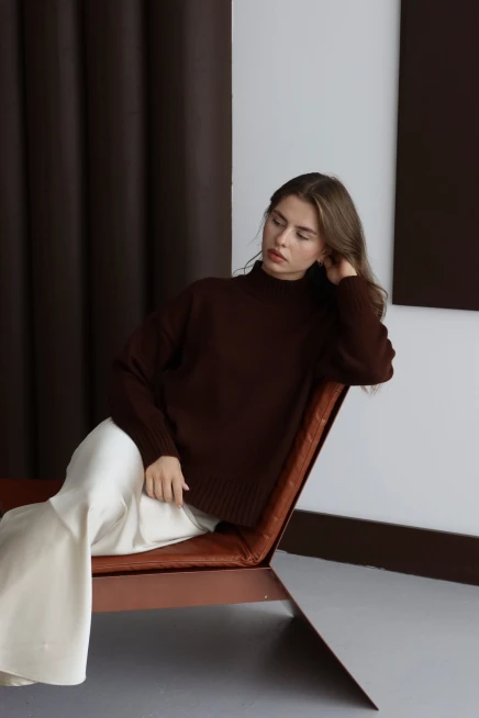 Kadın Kahve Basic Oversize Dik Yaka Triko Kazak