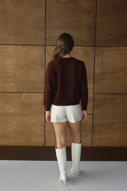 Kadın Kahve Basic Oversize Dik Yaka Triko Kazak