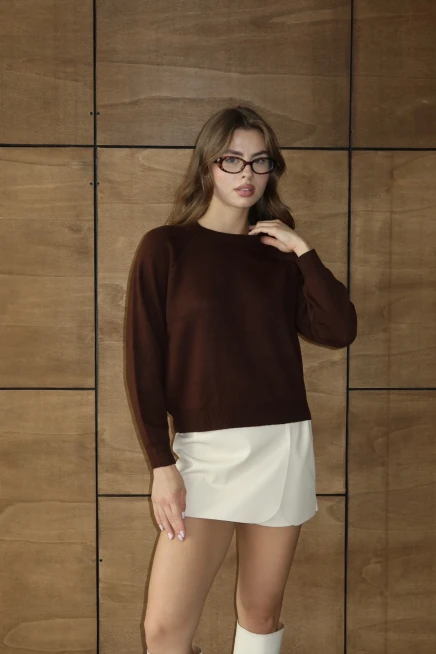 Kadın Kahve Basic Oversize Dik Yaka Triko Kazak