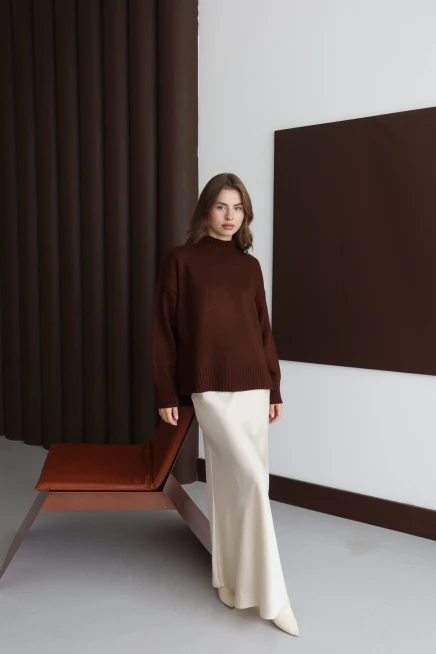 Kadın Kahve Basic Oversize Dik Yaka Triko Kazak