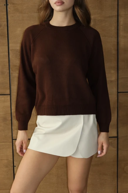 Kadın Kahve Basic Oversize Dik Yaka Triko Kazak
