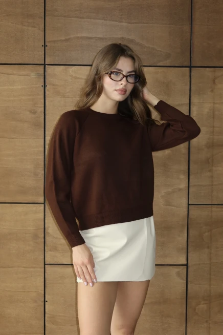 Kadın Kahve Basic Oversize Dik Yaka Triko Kazak
