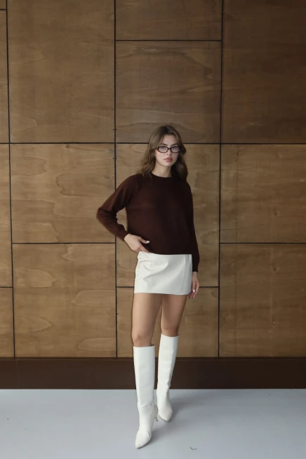 Kadın Kahve Basic Oversize Dik Yaka Triko Kazak