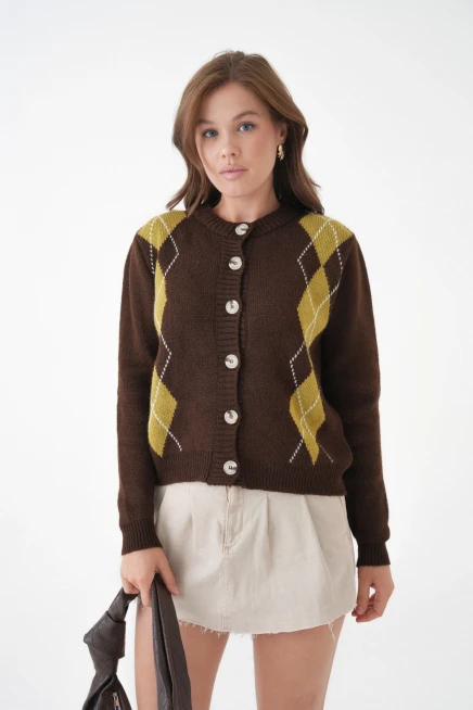 Kadın kahve bisiklet yaka düğme detay desenli triko hırka 8605sw