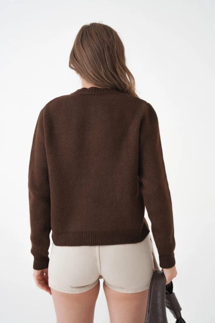 Kadın kahve bisiklet yaka düğme detay desenli triko hırka 8605sw