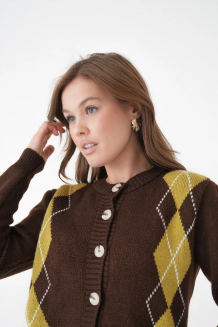 Kadın kahve bisiklet yaka düğme detay desenli triko hırka 8605sw