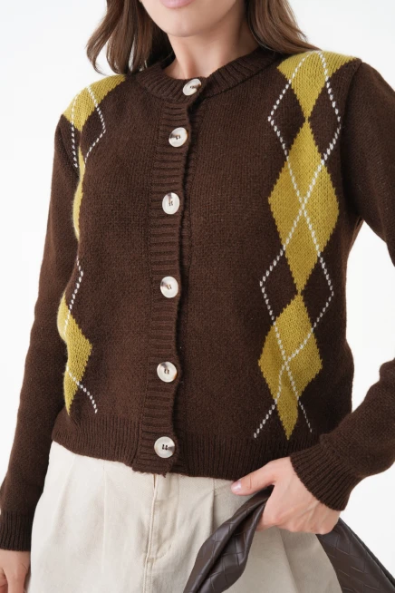 Kadın kahve bisiklet yaka düğme detay desenli triko hırka 8605sw