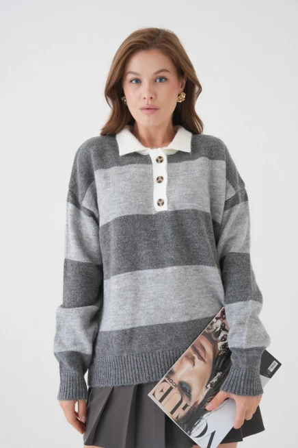 kadın kahve polo yaka çizgili oversize yumuşak dokulu triko kazak 8626sw