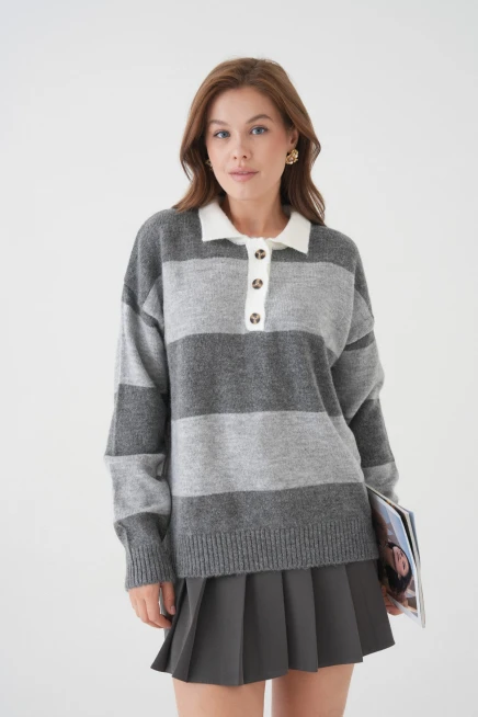 kadın kahve polo yaka çizgili oversize yumuşak dokulu triko kazak 8626sw