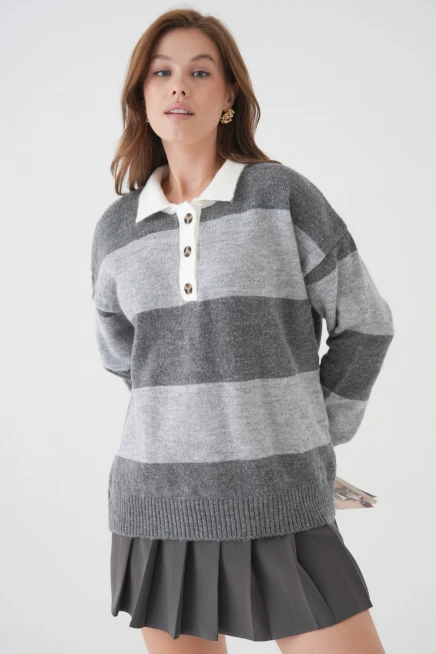 kadın kahve polo yaka çizgili oversize yumuşak dokulu triko kazak 8626sw