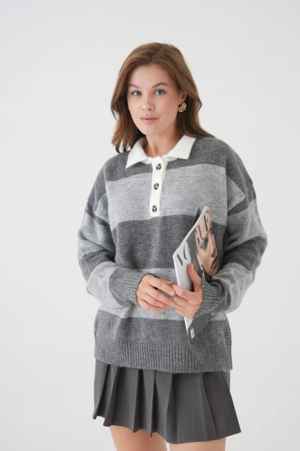 kadın kahve polo yaka çizgili oversize yumuşak dokulu triko kazak 8626sw