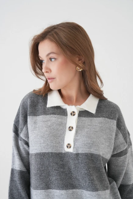 kadın kahve polo yaka çizgili oversize yumuşak dokulu triko kazak 8626sw