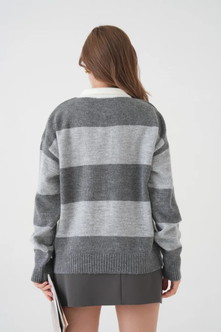 kadın kahve polo yaka çizgili oversize yumuşak dokulu triko kazak 8626sw