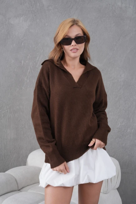 kadın kahve polo yaka oversize yarım pat yumuşak dokulu triko kazak 8585sw