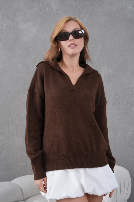 kadın kahve polo yaka oversize yarım pat yumuşak dokulu triko kazak 8585sw