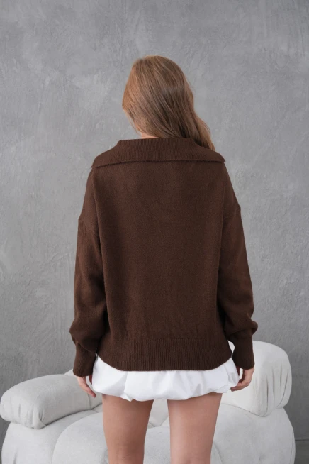 kadın kahve polo yaka oversize yarım pat yumuşak dokulu triko kazak 8585sw