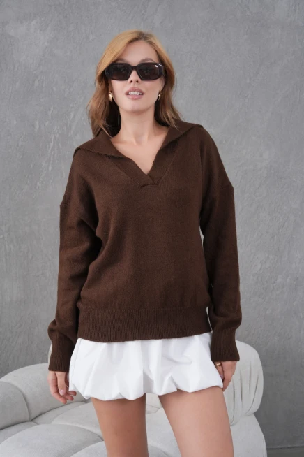 kadın kahve polo yaka oversize yarım pat yumuşak dokulu triko kazak 8585sw