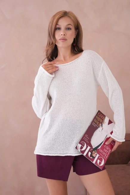 Kadın Kemik Basic Oversize Kayık Yaka Dokulu Triko Kazak 8529sw