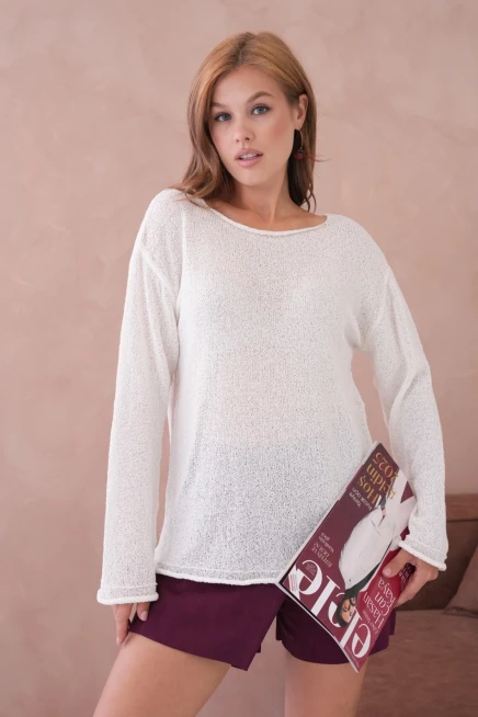 Kadın Kemik Basic Oversize Kayık Yaka Dokulu Triko Kazak 8529sw