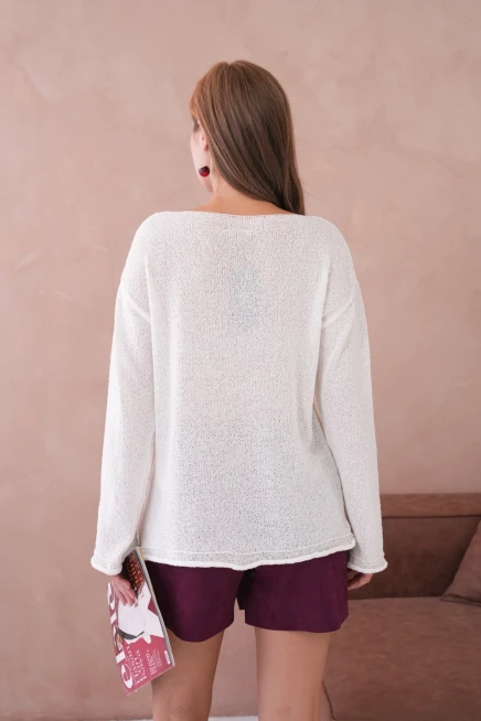 Kadın Kemik Basic Oversize Kayık Yaka Dokulu Triko Kazak 8529sw