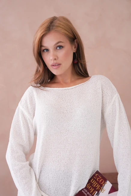 Kadın Kemik Basic Oversize Kayık Yaka Dokulu Triko Kazak 8529sw