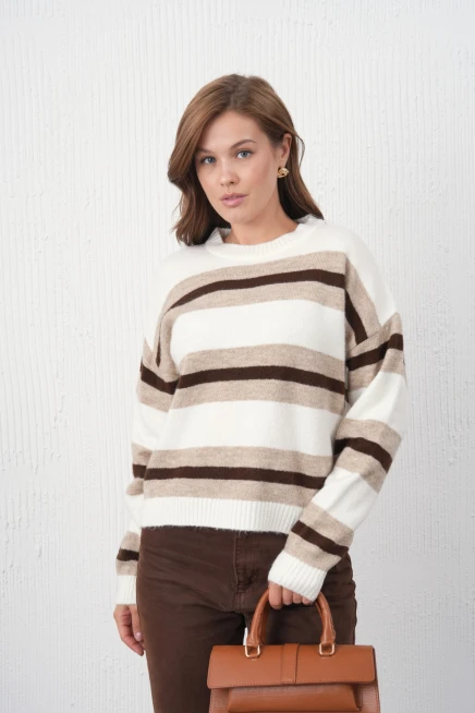 kadın kemik bisiklet yaka çizgili oversize triko kazak 8655sw