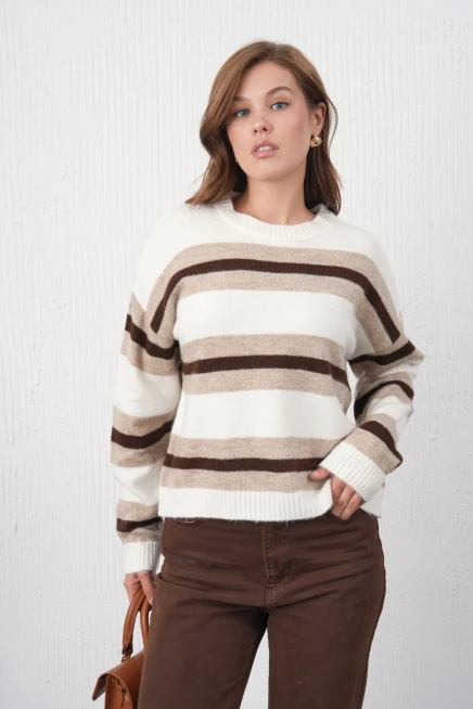 kadın kemik bisiklet yaka çizgili oversize triko kazak 8655sw