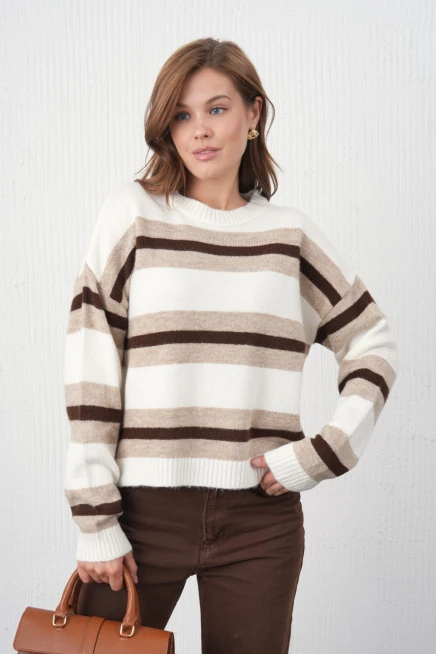 kadın kemik bisiklet yaka çizgili oversize triko kazak 8655sw