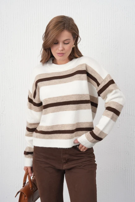 kadın kemik bisiklet yaka çizgili oversize triko kazak 8655sw